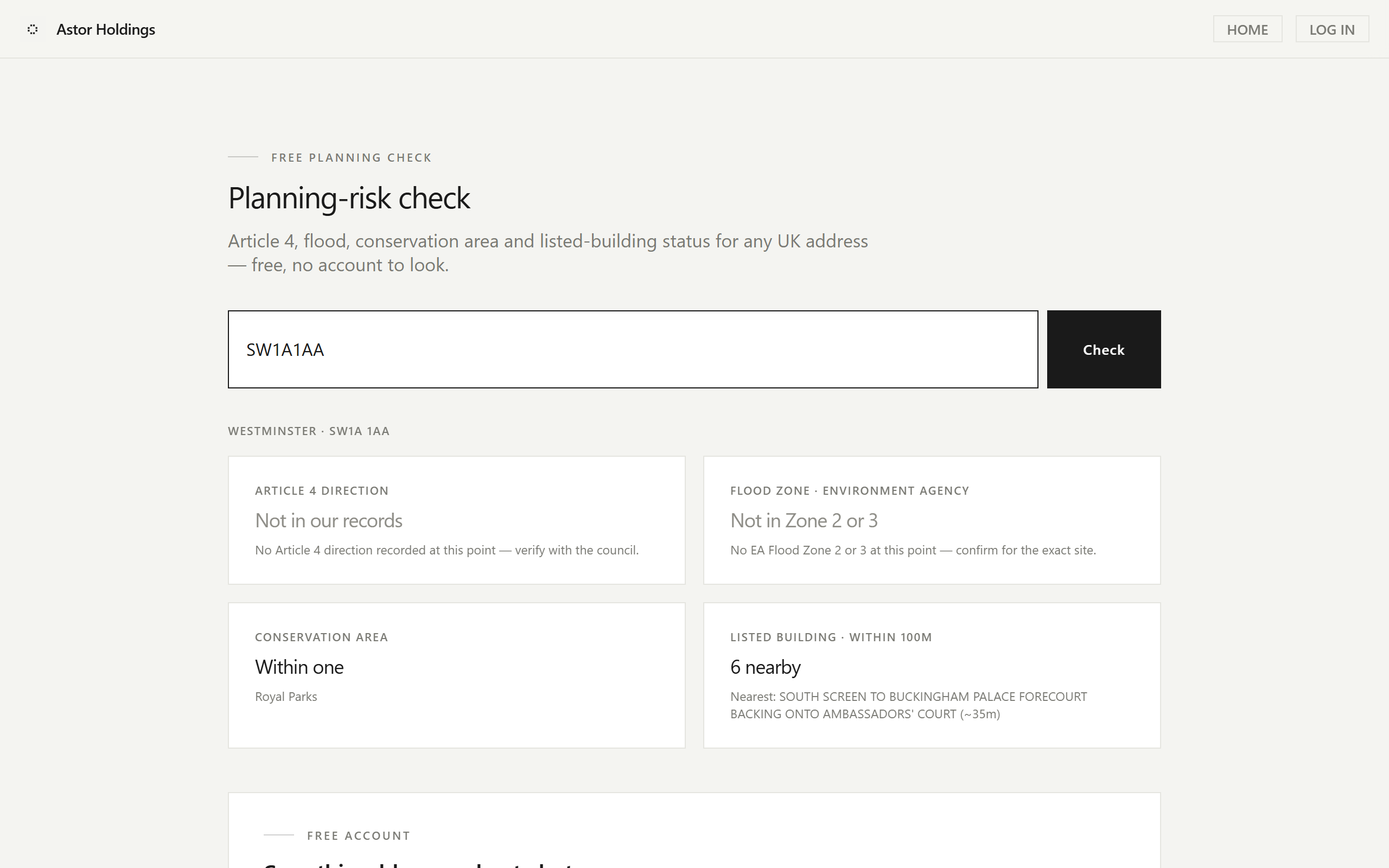 The /check/ result page showing the four signal cards for a real postcode.