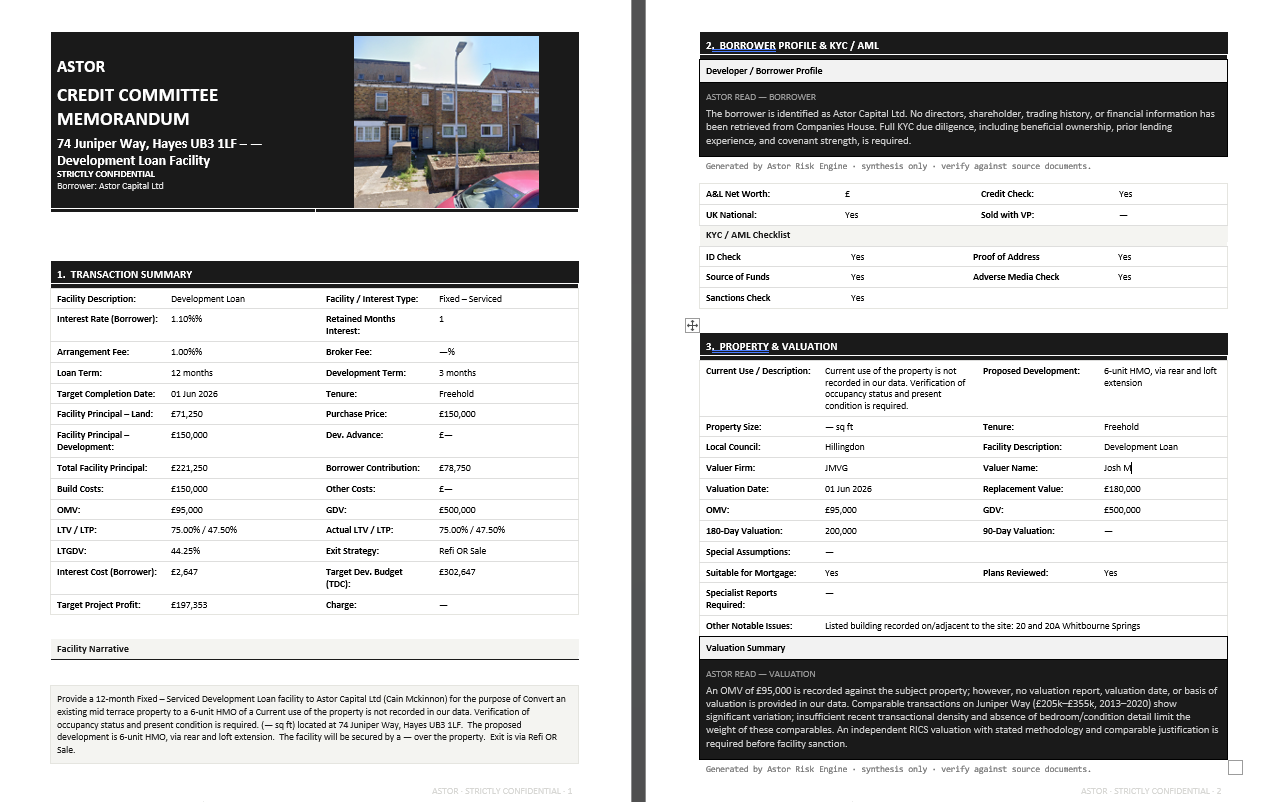 The generated credit memo with sourced, provenance-badged fields.